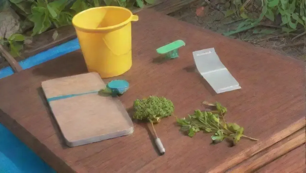 Un jardín verde vibrante con herramientas de injerto y un ambiente tranquilo