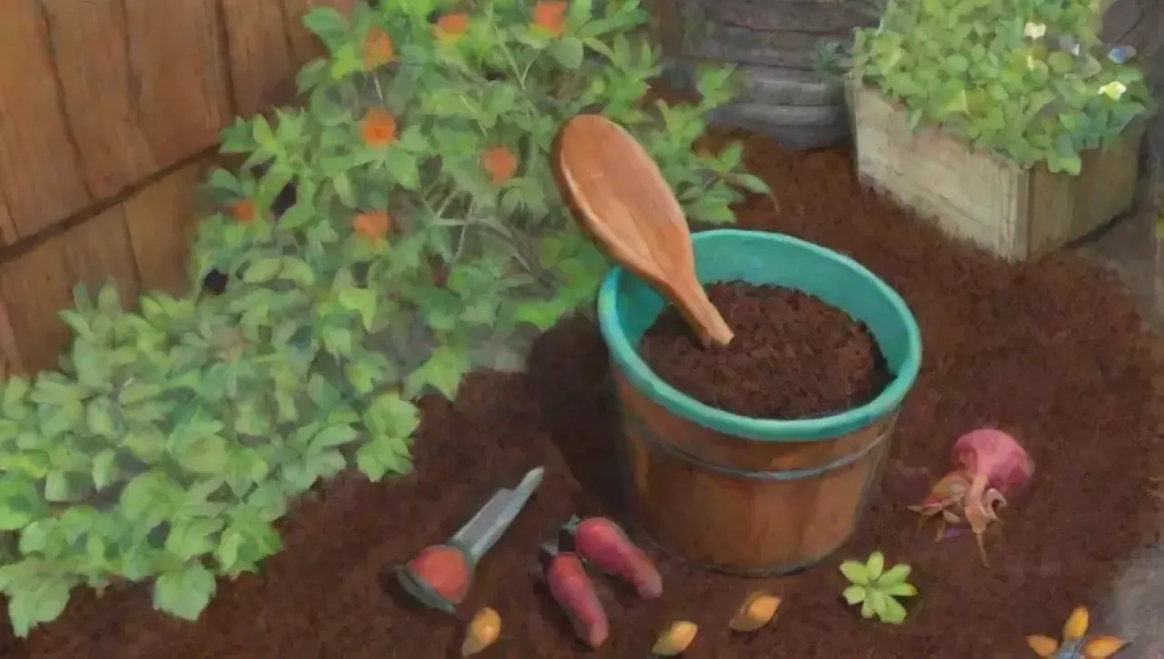 Un jardín vibrante con compost, herramientas y vida en movimiento