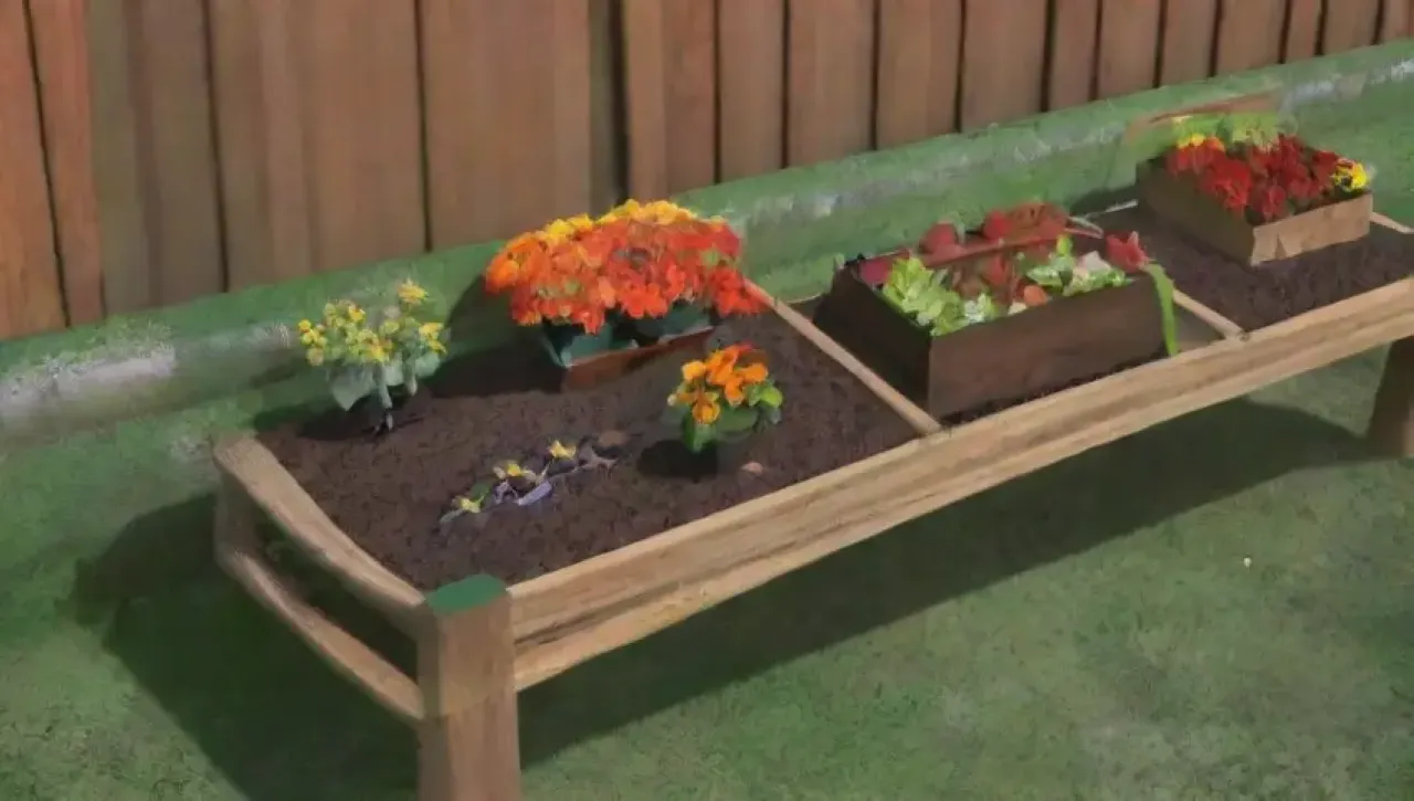 Un jardín comunitario vibrante y lleno de vida, con colores, sonrisas y colaboración