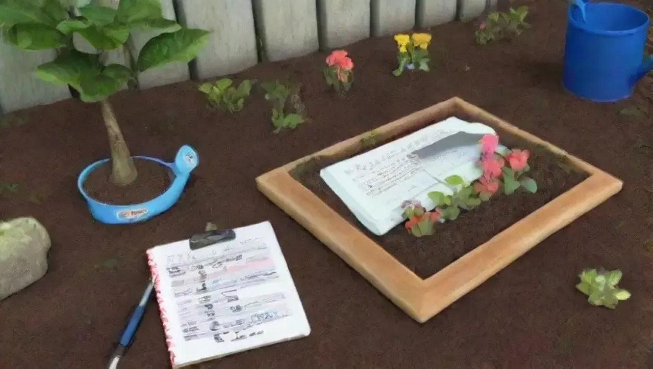 Un jardín vibrante con flores, tierra rica y herramientas de jardinería