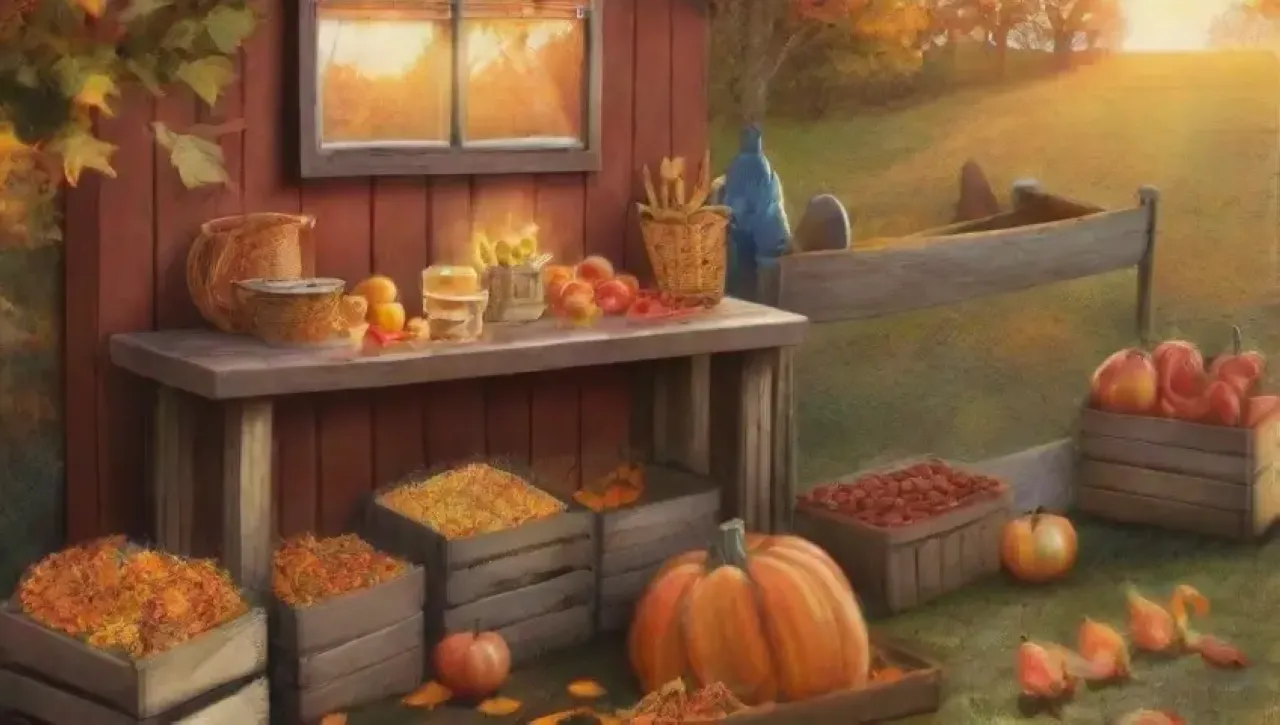 Un paisaje otoñal lleno de cosechas, colores vibrantes y momentos familiares