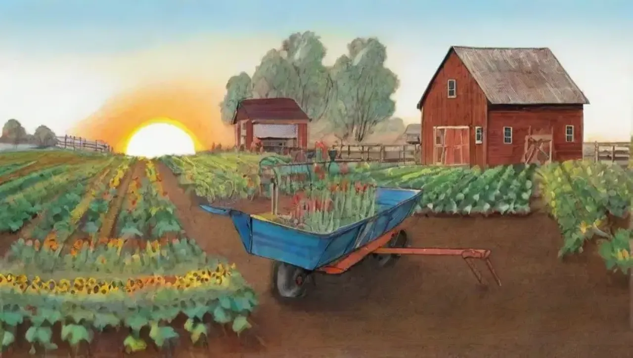Un paisaje agrícola vibrante con campos verdes, maquinaria, flores, y la armonía entre naturaleza y tecnología