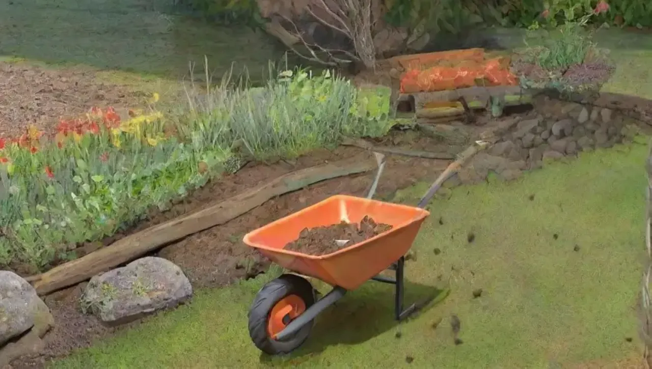 Un jardín vibrante y tranquilo, lleno de tierra fresca, herramientas y flores