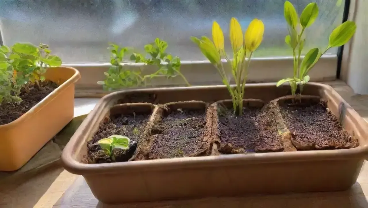 Escena de un acogedor jardín interior con plántulas verdes, tierra rica y herramientas de jardinería