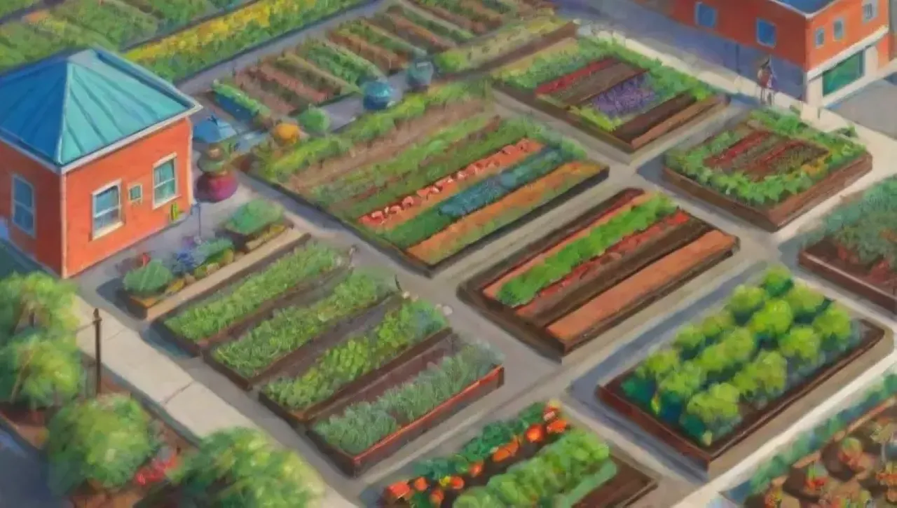Un ecosistema urbano armonioso donde tecnología y naturaleza se fusionan en jardines comunitarios vibrantes