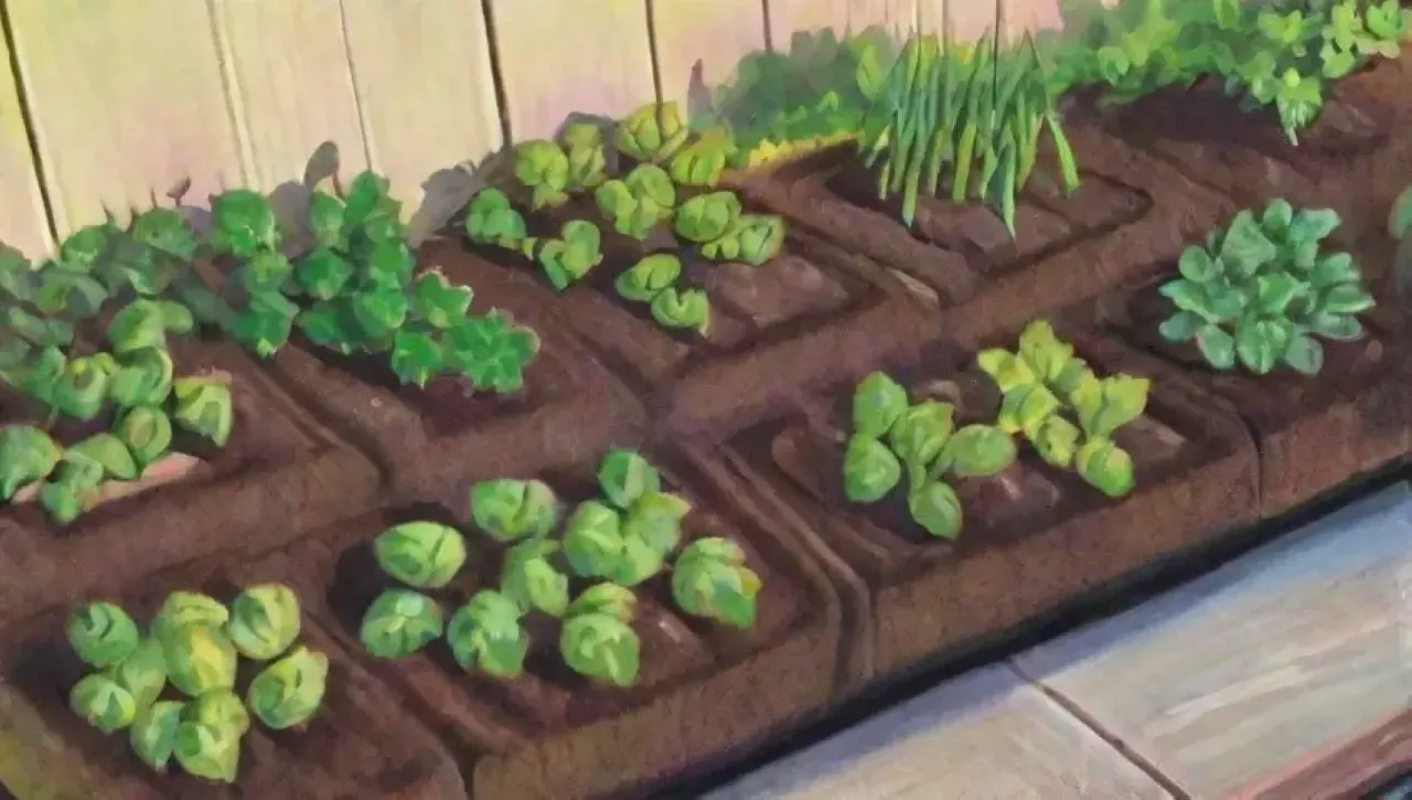 Un jardín vibrante y tranquilo con plantas jóvenes, agua, frutas y vida silvestre