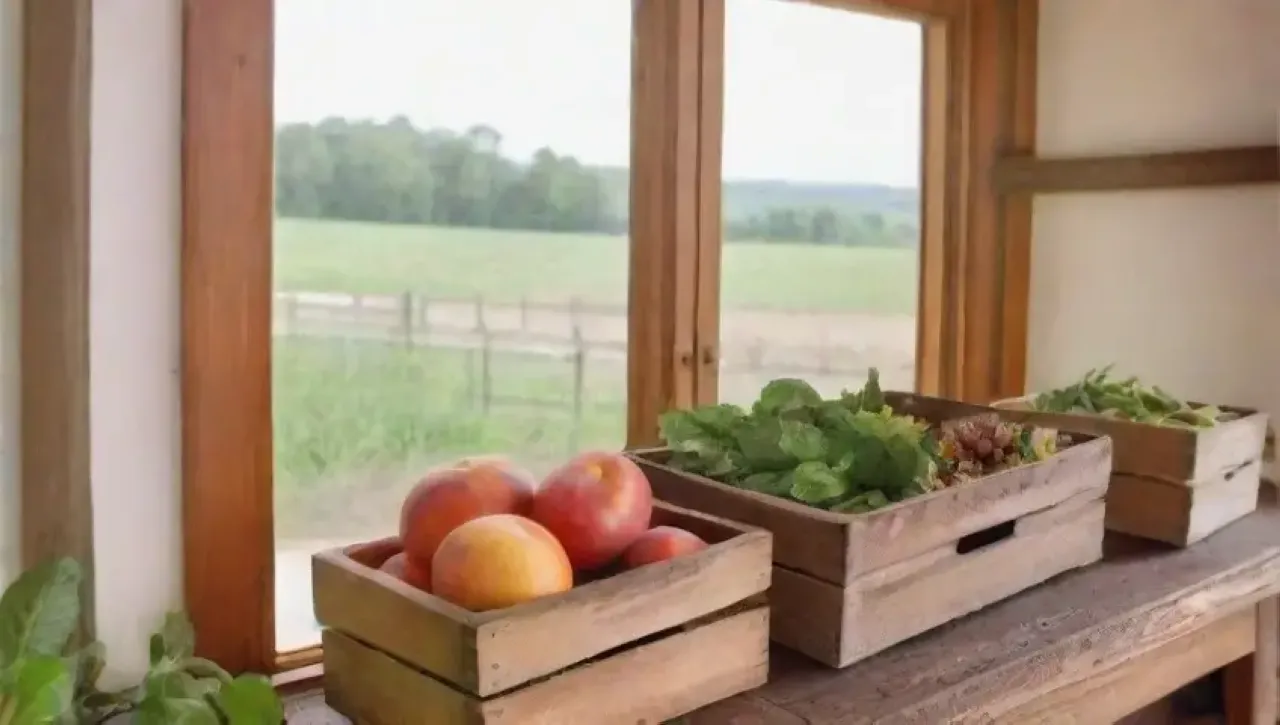 Un mercado agrícola vibrante y acogedor, lleno de frutas frescas y productos caseros