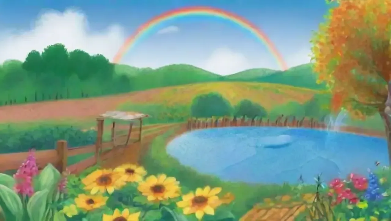 Un paisaje idílico de campos verdes, flores vibrantes y un agricultor observando la armonía de la naturaleza