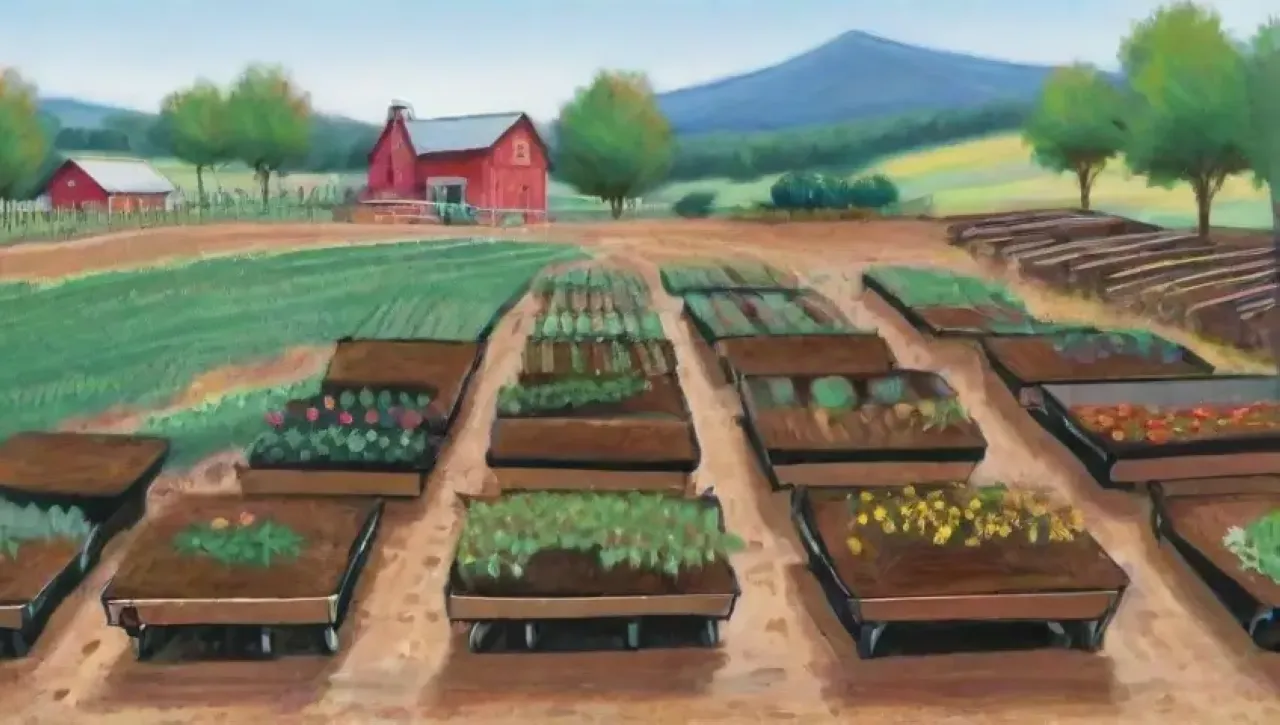 Un paisaje agrícola vibrante y sostenible con cultivos, flores y vida en armonía