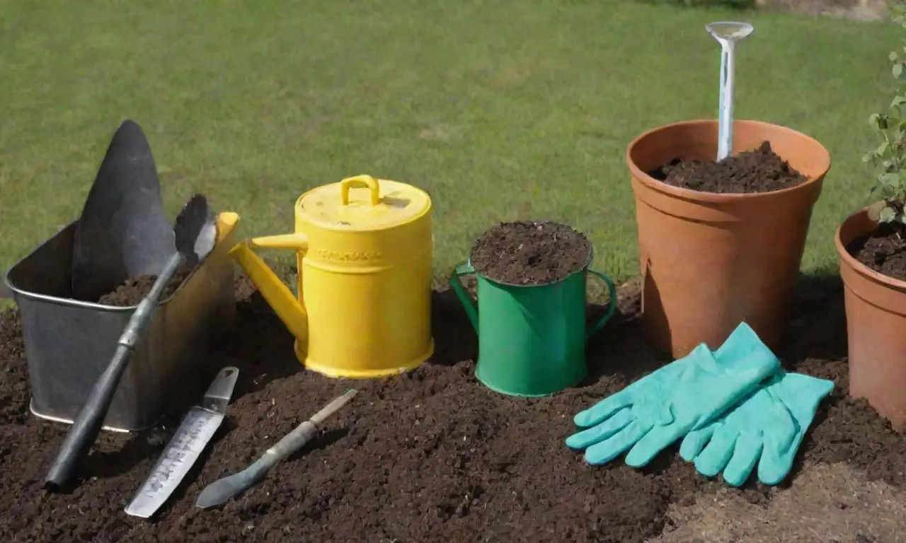 Herramientas de jardín esenciales: pala, tijeras de podar, horquilla, rastrillo, guantes, regadera, termómetro de suelo, bandeja de plántulas y compostera