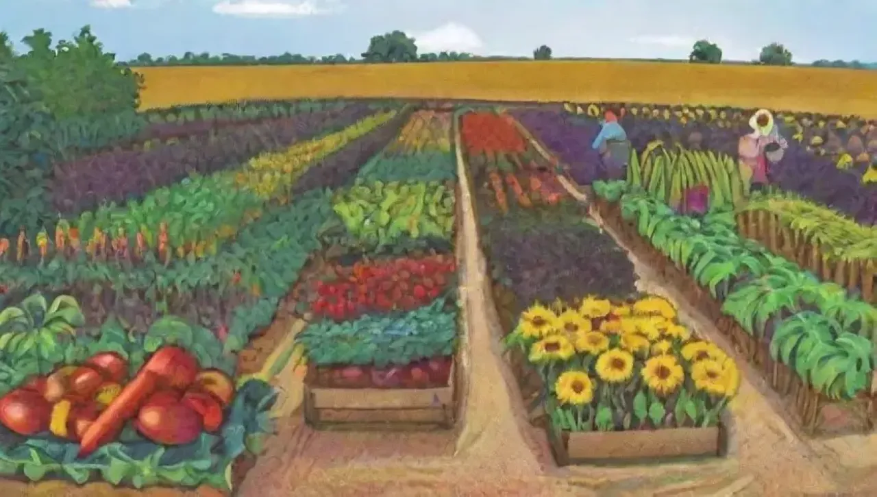 Un paisaje agrícola vibrante y diverso, lleno de vida y armonía