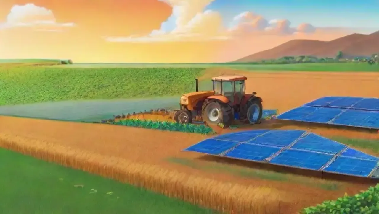 Campos verdes con tecnología agrícola avanzada y un paisaje vibrante