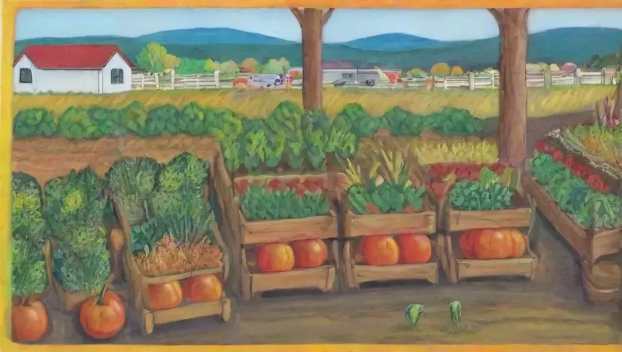 Campos verdes vibrantes con cultivos soleados, flores coloridas y una comunidad agrícola próspera