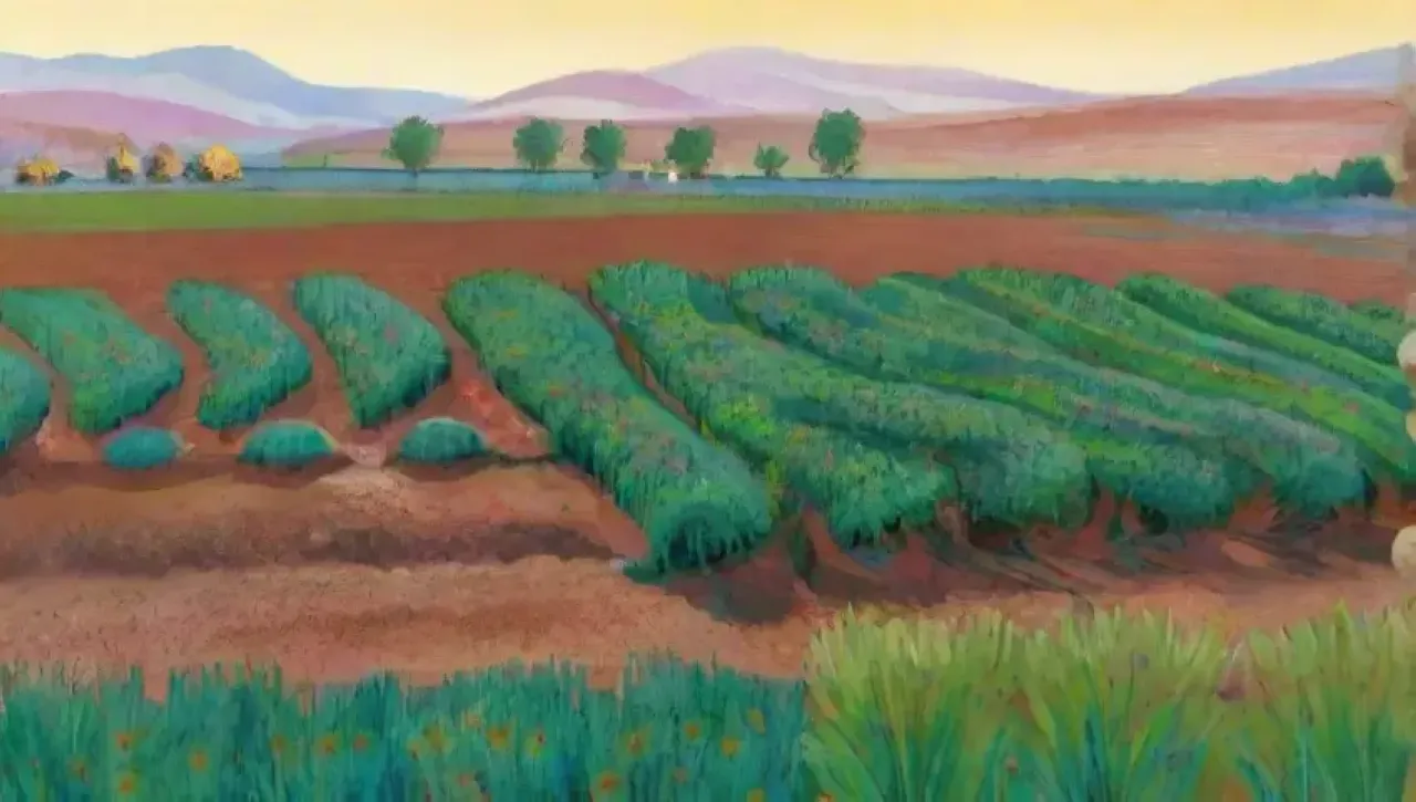 Campos verdes y vibrantes con cultivos, sistemas de riego, y prácticas sostenibles en un paisaje armonioso