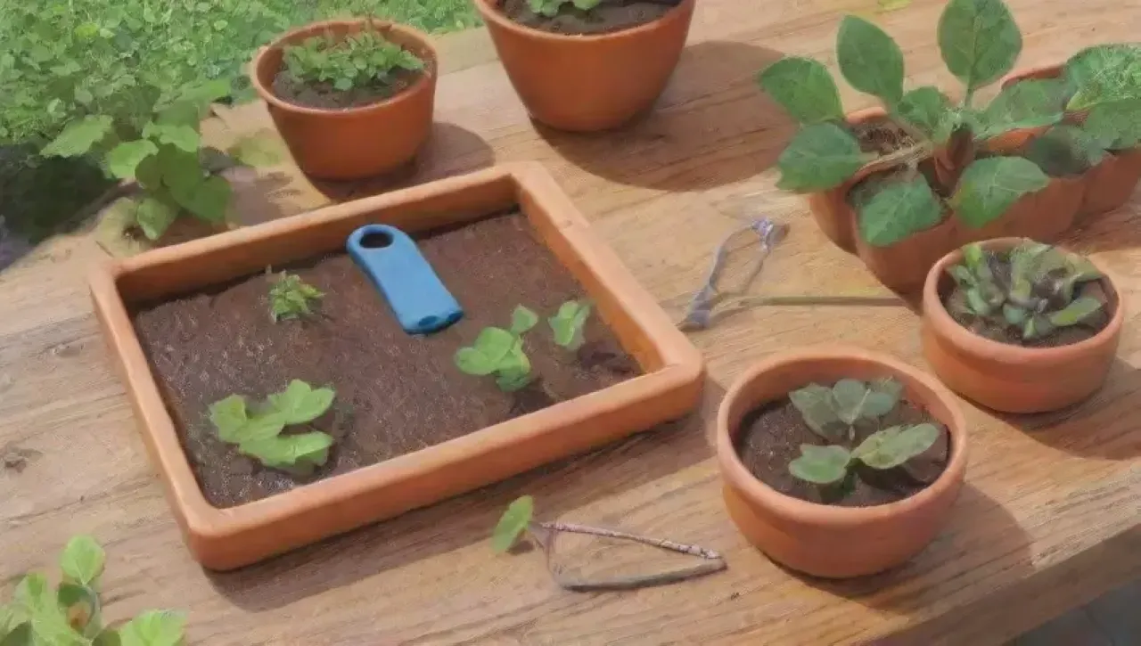 Un jardín vibrante con herramientas de jardinería y un ambiente sereno