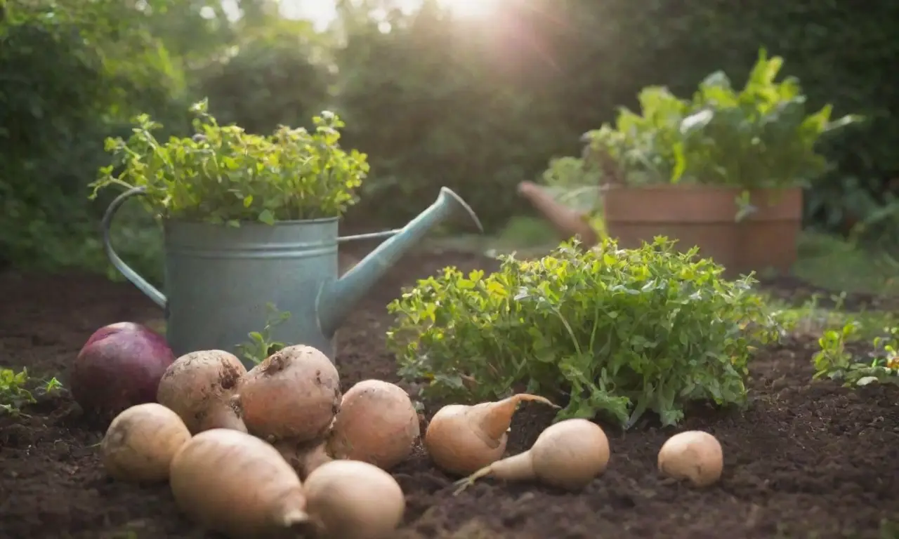 Jardín vibrante con verduras sanas, sol veraniego y un jardinero feliz