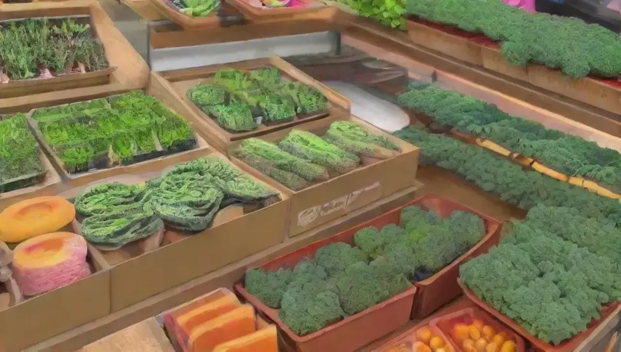 Un mercado ecológico vibrante con productos sostenibles, clientes felices y un ambiente acogedor