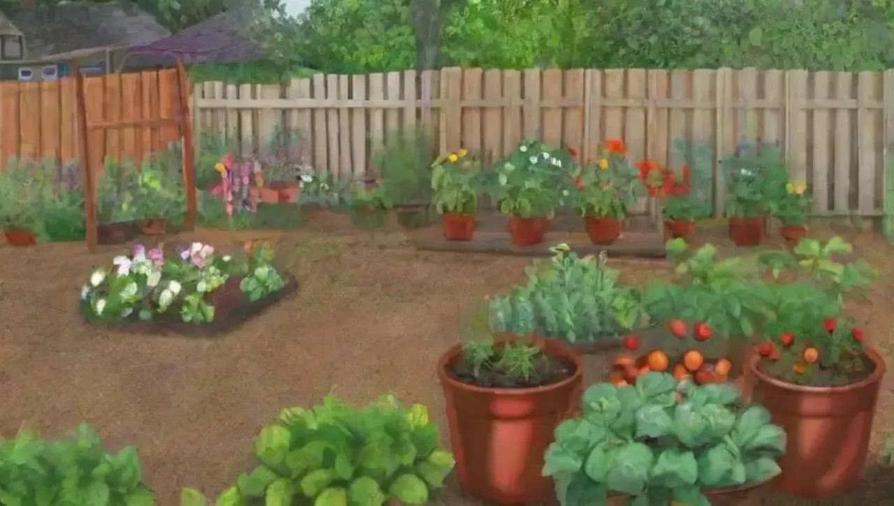 Un jardín vibrante y acogedor lleno de vegetales, flores y vida