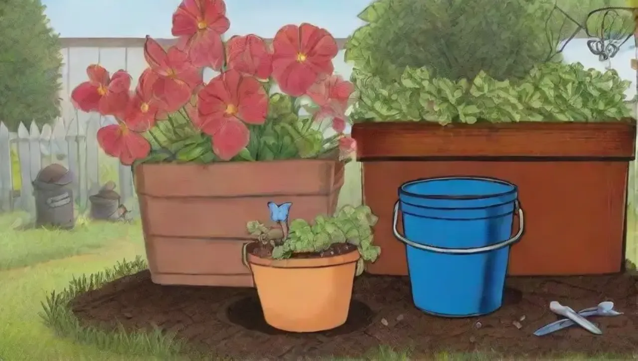 Un jardín vibrante de compostaje con tierra rica, herramientas de jardinería y vida en movimiento