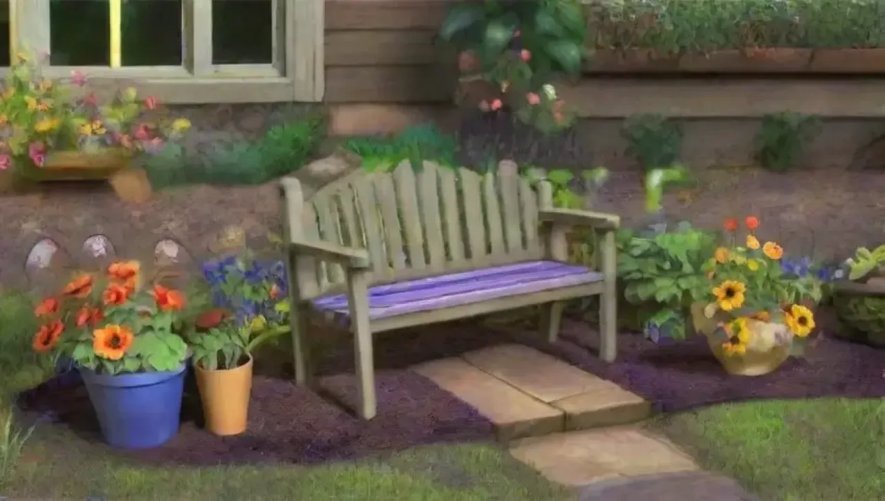 Un jardín vibrante y tranquilo lleno de flores, mariposas y suaves brisas