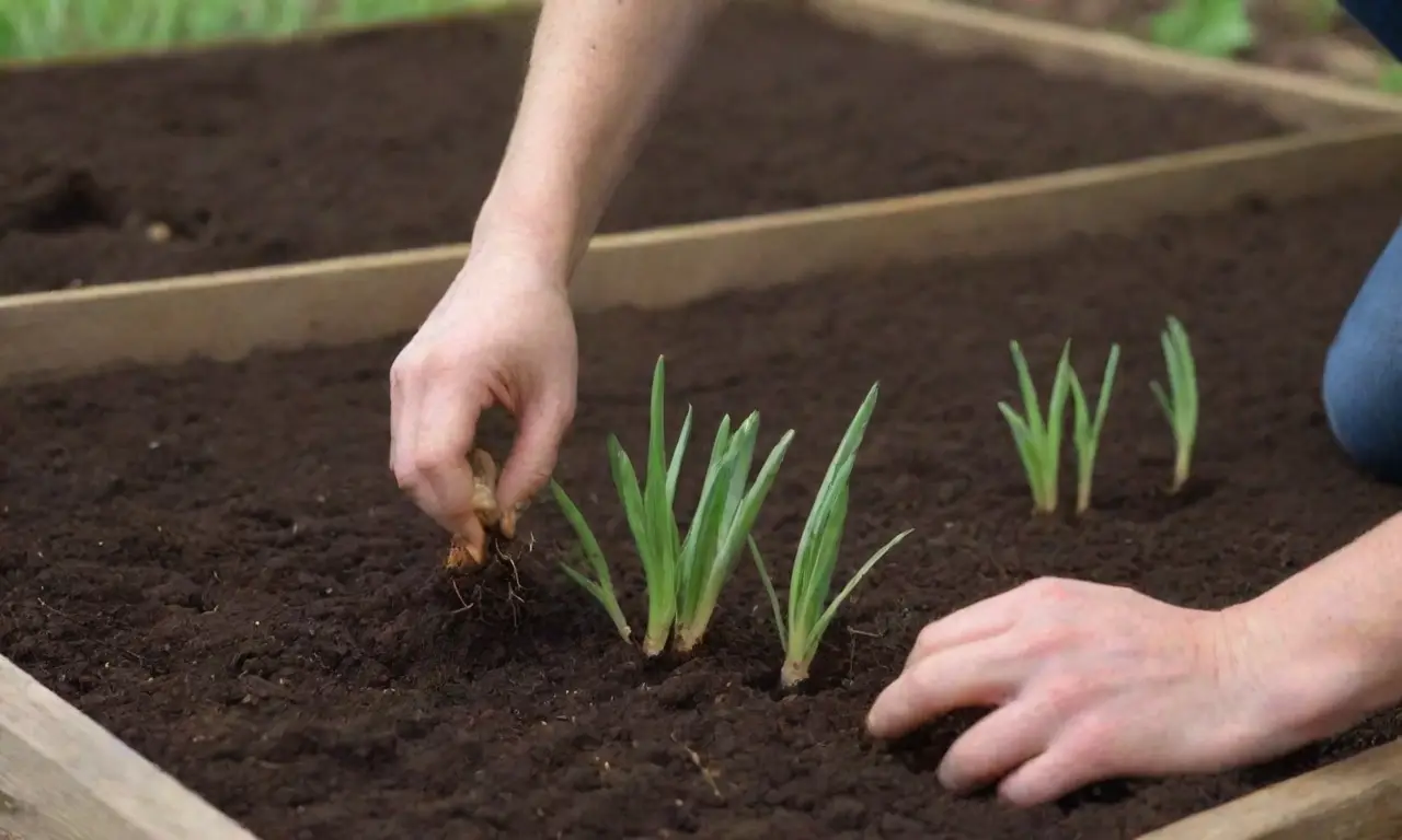 Preparar el suelo con camas elevadas, compost nutritivo y riego regular para cultivar cebollas dulces