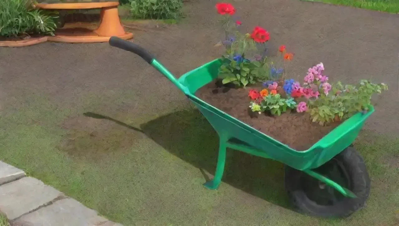 Un jardín vibrante con herramientas brillantes, flores coloridas y un ambiente sereno de renovación