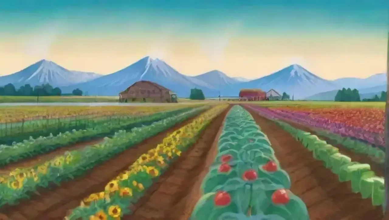 Campos verdes vibrantes con cultivos orgánicos, agua rociando, y vida abundante