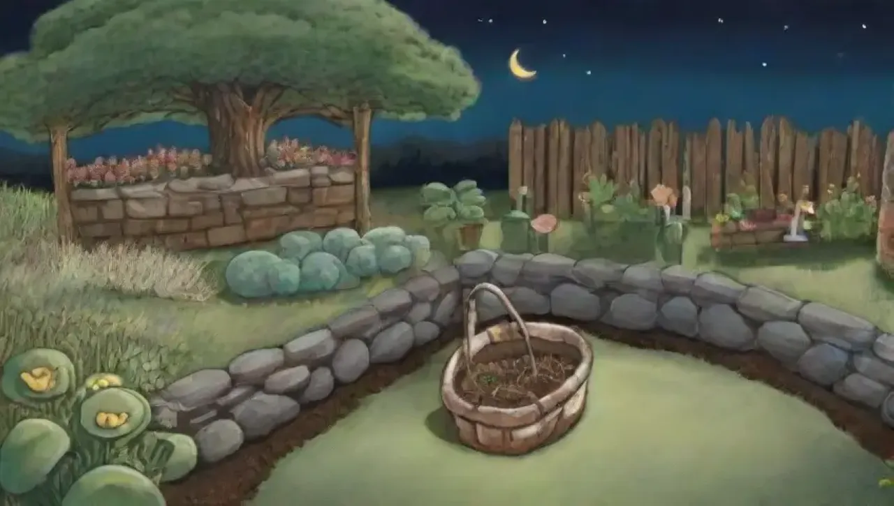Una noche serena con luna llena ilumina un jardín vibrante y lleno de vida