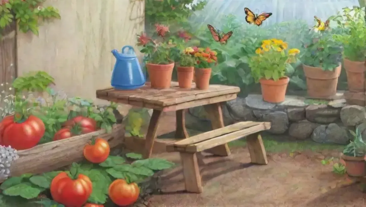 Un jardín vibrante con flores, insectos, herramientas y una atmósfera armoniosa
