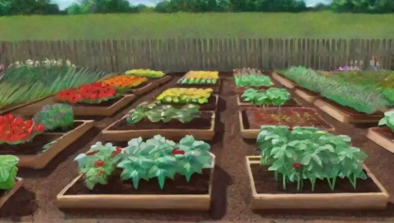 Un jardín vibrante y lleno de vida, donde crecen legumbres y flores bajo un cielo azul