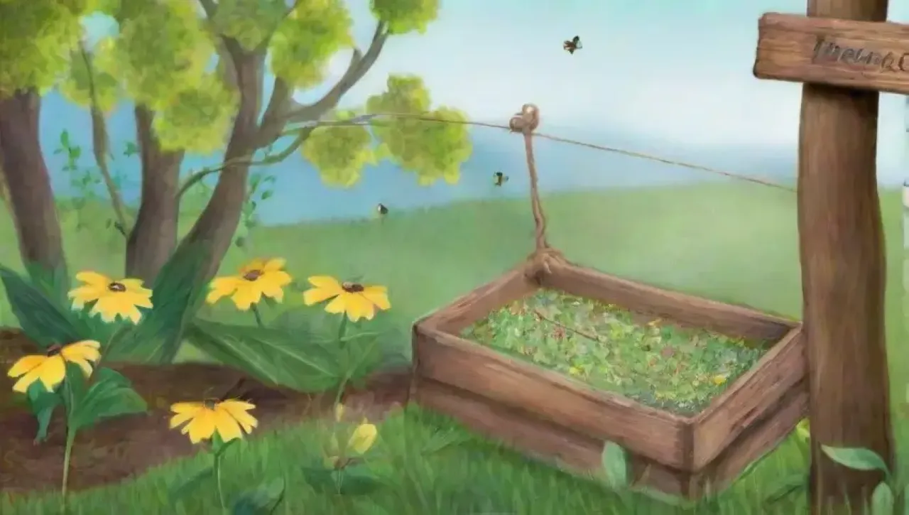 Un jardín vibrante y lleno de vida con trampas ecológicas, flores amarillas y un cielo azul sereno