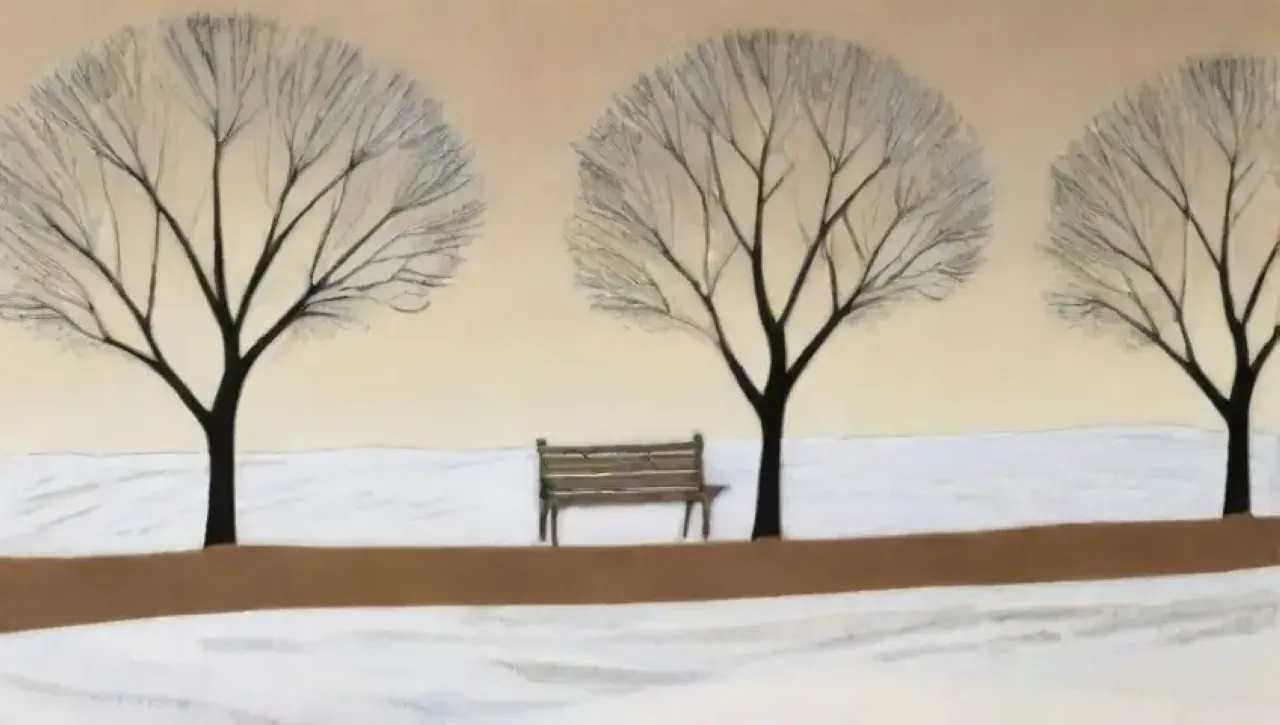 Un paisaje invernal sereno con árboles desnudos, nieve, un jardinero podando y la belleza tranquila de la naturaleza