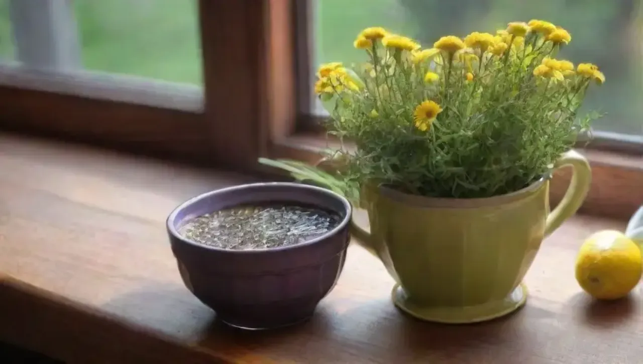 Una escena acogedora con hierbas frescas, flores y una tetera humeante