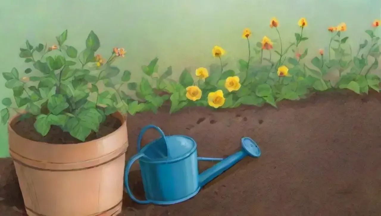 Un jardín sereno con semillas verdes, raíces, flores amarillas y vida en movimiento
