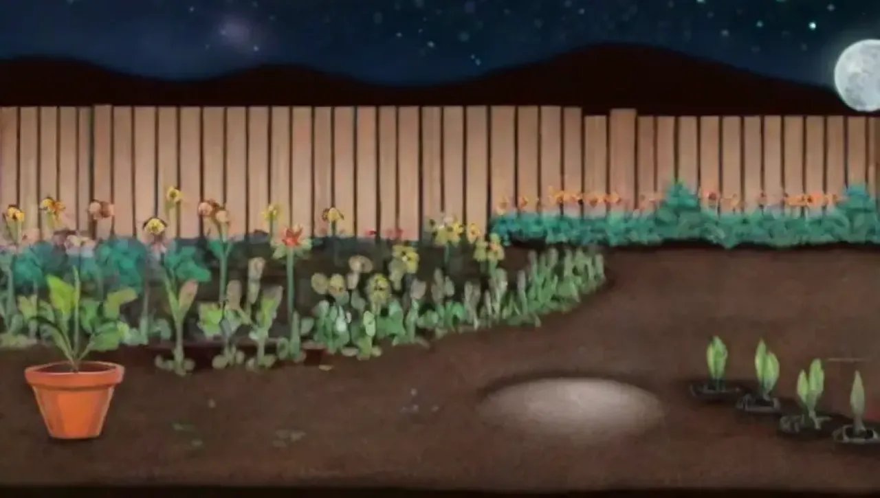 Una noche serena con luna llena, campos verdes y herramientas de cultivo, simbolizando la armonía entre el hombre y la naturaleza