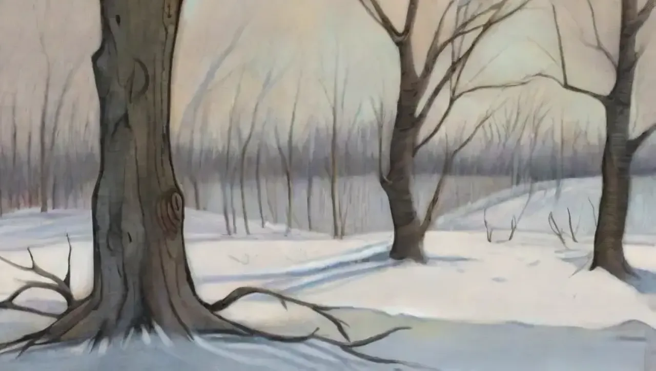 Un paisaje invernal con árboles desnudos, nieve, brotes verdes y detalles de la naturaleza