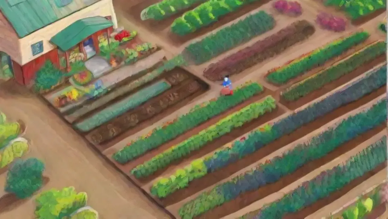 Campos verdes vibrantes con cultivos diversos, agricultores sonrientes y prácticas sostenibles