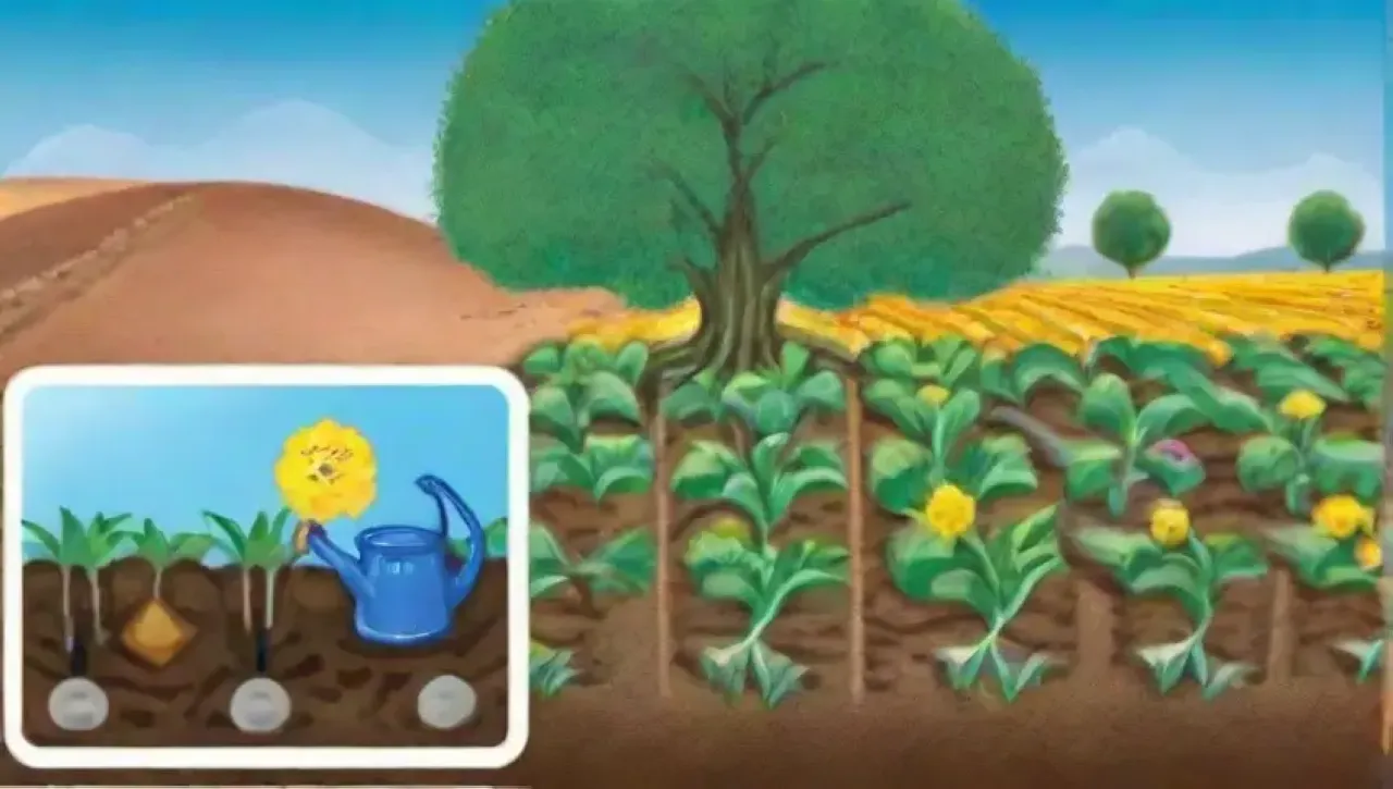 Un paisaje agrícola vibrante con agua, cultivos saludables y herramientas de medición