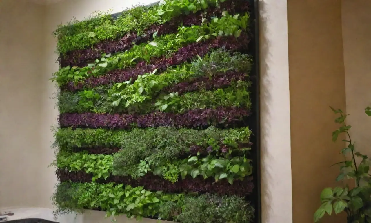 Diseño de jardín vertical para cultivar hierbas frescas y coloridas en la cocina