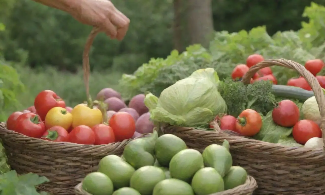 Escena de jardín brillante con verduras maduras y recolección cuidadosa bajo el sol