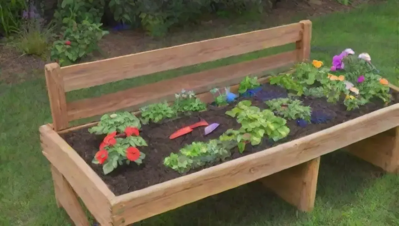 Un jardín vibrante y lleno de vida con flores, herramientas coloridas y comunidad trabajando juntos