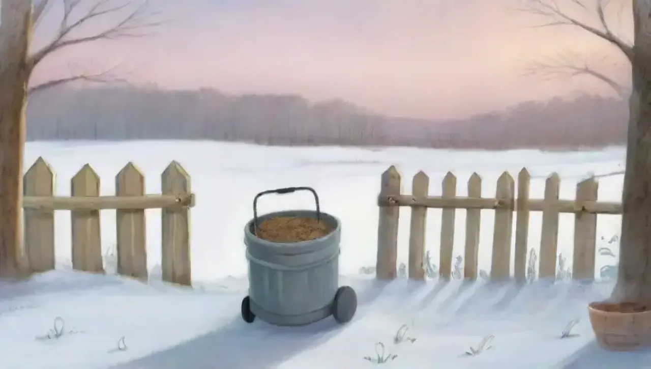 Un paisaje invernal sereno con nieve, un compostero, hojas heladas, y la promesa de primavera bajo el frío