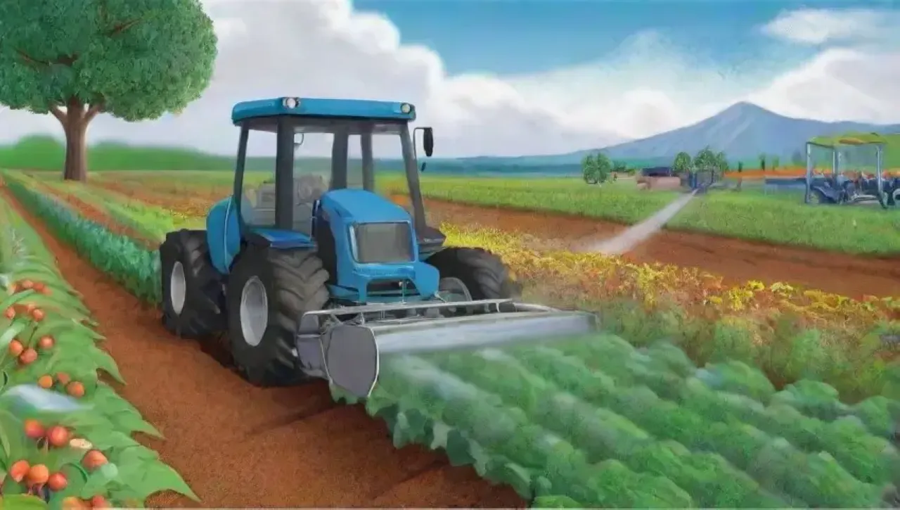 Un paisaje agrícola vibrante con maquinaria moderna y prácticas sostenibles