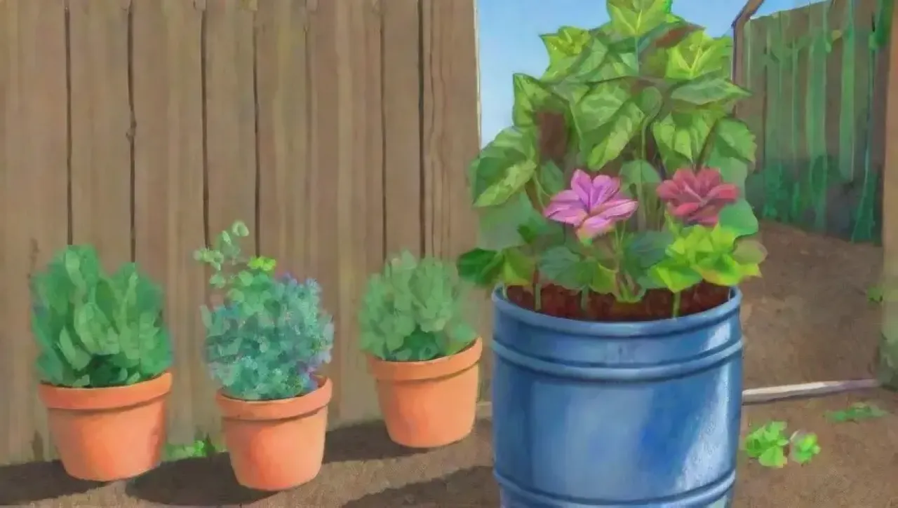 Un jardín vibrante y sostenible con vegetales, flores, mariposas y un ambiente tranquilo