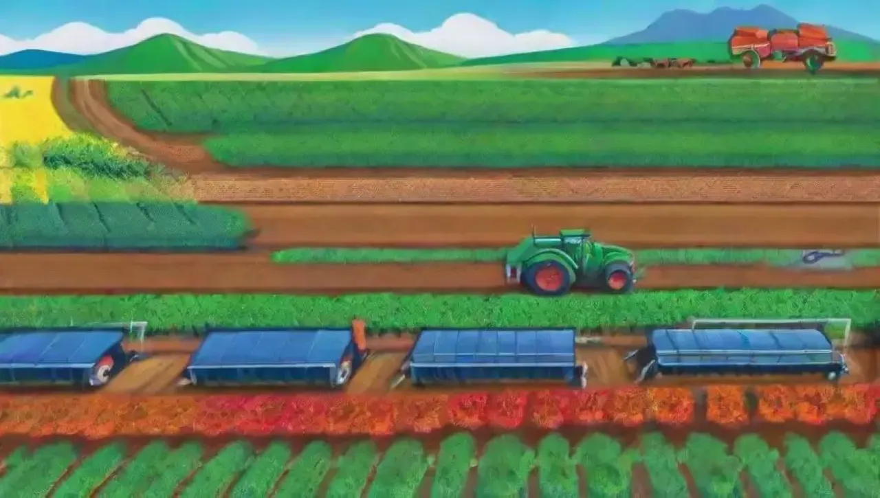 Campos verdes vibrantes con tecnología agrícola y agricultores en acción