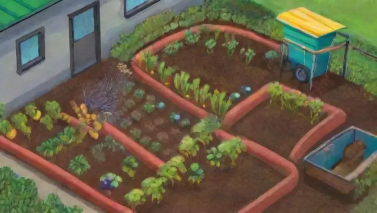 Un jardín vibrante con tecnología y naturaleza en armonía, cultivando sostenibilidad