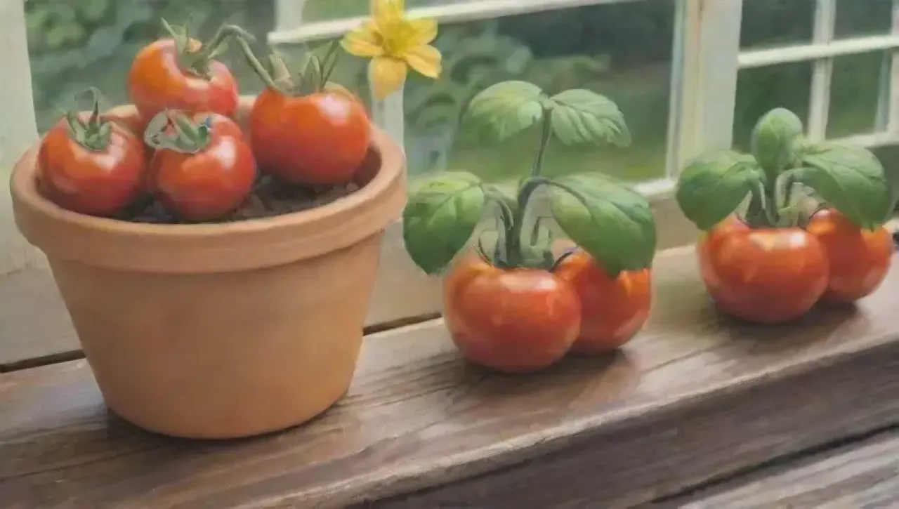 Un jardín vibrante y lleno de vida con tomates rojos, flores amarillas y un jardinero feliz