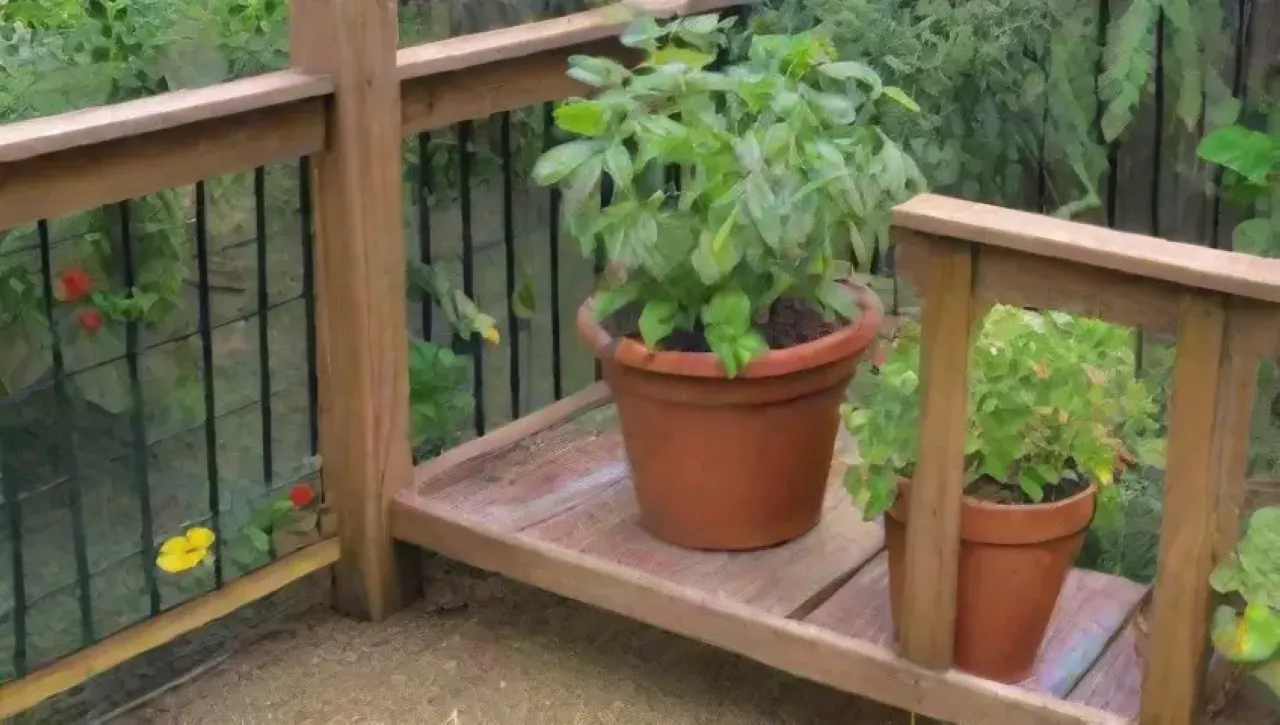 Un jardín urbano vibrante y acogedor lleno de plantas, flores y herramientas