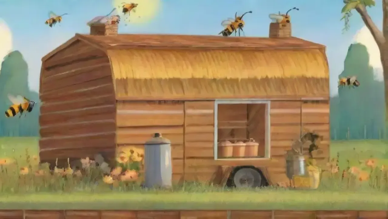 Un paisaje idílico de apicultura con flores, abejas, miel y maquinaria agrícola