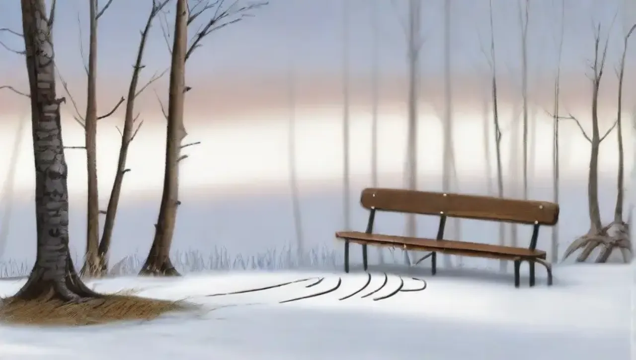 Un paisaje invernal sereno con árboles desnudos, nieve suave, escarcha brillante y un jardinero distante
